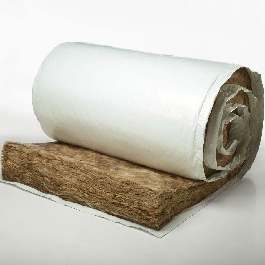 Roll of vinyl-backed fiberglass insulation showing the white facing and fiberglass layers